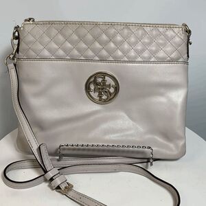 Guess Womens Crossbody Bag Quilted Long Straps White Large